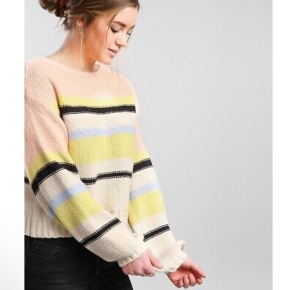 Billabong Size Large Seeing Stripes Sweater Pastel Colorblock Beachy Boho Hippie - Picture 3 of 12